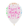 GLOBO LATEX REDONDO INFINITY® HAPPY BIRTHDAY NEON FASHION CRISTAL TRANSPARENTE